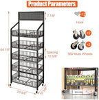 5 Tier Supermaket Snack Rack Display Stand, Free-Standing Black Retail Display Shelves with 12 Hooks & 4 Wheels, alternate