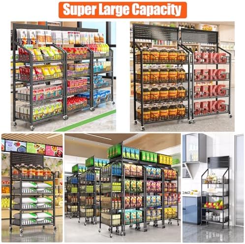 5 Tier Supermaket Snack Rack Display Stand, Free-Standing Black Retail Display Shelves with 12 Hooks & 4 Wheels, alternate