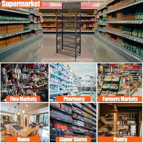 5 Tier Supermaket Snack Rack Display Stand, Free-Standing Black Retail Display Shelves with 12 Hooks & 4 Wheels, alternate