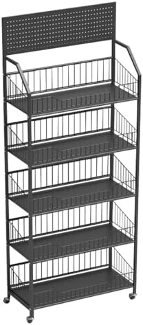5 Tier Supermaket Snack Rack Heavy Duty, Rolling Retail Display Stand with 15 Hooks & Soild Panel Shelves