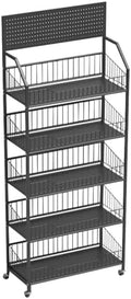 5 Tier Supermaket Snack Rack Heavy Duty, Rolling Retail Display Stand with 15 Hooks & Soild Panel Shelves