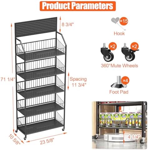 5 Tier Supermaket Snack Rack Heavy Duty, Rolling Retail Display Stand with 15 Hooks & Soild Panel Shelves, alternate view 2