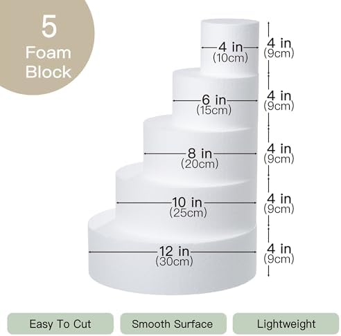 5 Tiers Round Foam Cake Dummies Set 20 Inch Tall White Fake Cake Dummy Set 4“ 6” 8“ 10” 12“ for Wedding Supplies, alternate