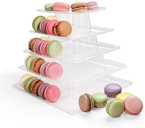 5 Tiers Square Macaron Tower Stand Plastic Macaroon Display Cupcake Holder in Transparent