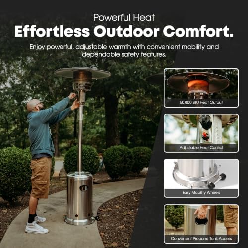 50,000 BTU Outdoor Propane Patio Heater, Stainless Steel with Wheels, alternate view 5