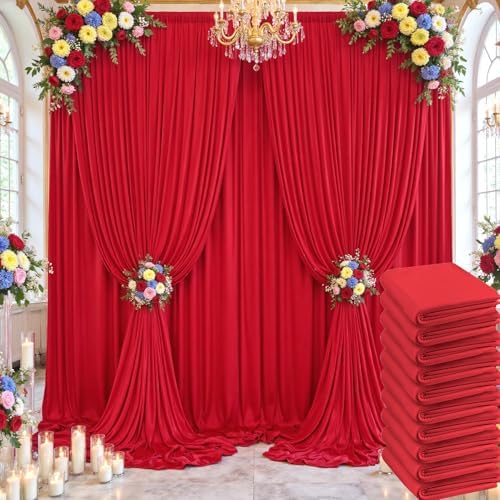 50×14ft Wrinkle Free Red Backdrop Curtain for Wedding Parties,10 Panels 5×14ft Height Soft Silky Polyester