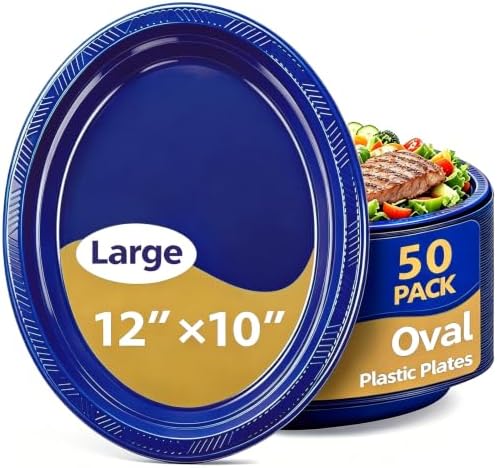 50 Count 10 x 12 Inch Blue Plates - Oval Disposable Plastic Plates in 50 Count in Blue