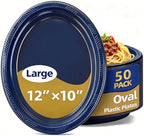 50 Count 10x12 Inch Navy Blue Oval Plastic Plates, Disposable Platters in 50 Count in Navy Blue