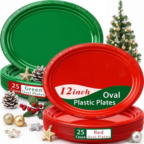 50 Count 10x12Inch Oval Christmas Plastic Plates Large Disposable Plates in 10x12Inch in Red/Green