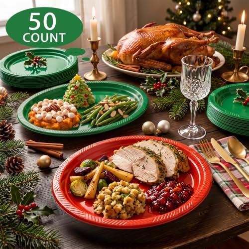 50 Count 10x12Inch Oval Christmas Plastic Plates Large Disposable Plates in 10x12Inch in Red/Green, alternate view 4