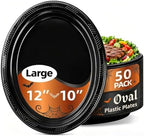 50 Count Black Plates Disposable 12" x 10" - Oval Black Plastic Plates in 50 Count in Black
