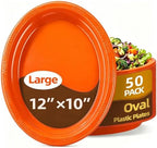 50 Count Orange Plastic Plates 10 x 12 Inch - Oval Disposable Plates in 50 Count in Orange