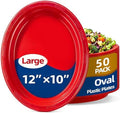 50 Count Oval Red Plastic Plates 10 x 12 Inch - Large Disposable Plates in 50 Count in Red