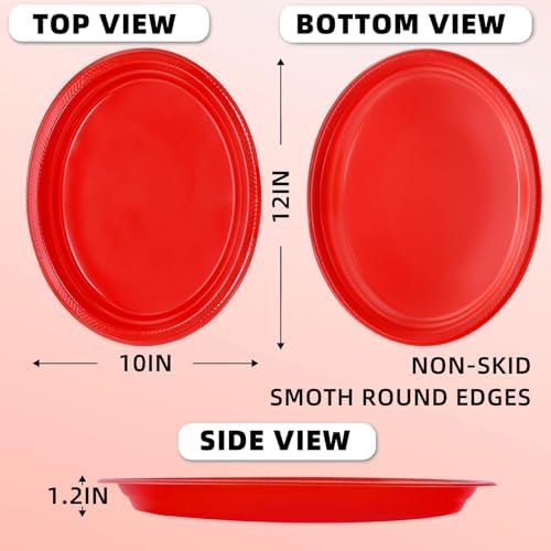 50 Count Oval Red Plastic Plates 10 x 12 Inch - Large Disposable Plates in 50 Count in Red, alternate view 2