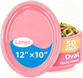 50 Count Pink Plastic Plates 10" x 12" - Oval Pink Disposable Plates in 50 Count in Pink