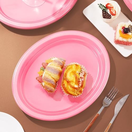 50 Count Pink Plastic Plates 10" x 12" - Oval Pink Disposable Plates in 50 Count in Pink, alternate view 2
