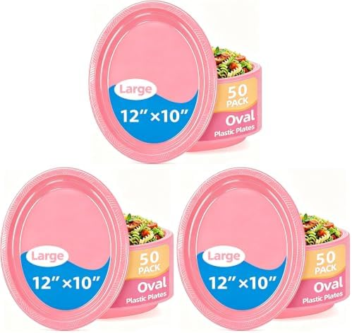 50 Count Pink Plastic Plates Disposiable 10" x 12" Oval Pink Plates for Birthday, Picnic, BBQ, Baby Shower (Pack