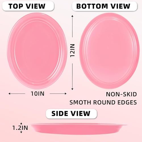 50 Count Pink Plastic Plates Disposiable 10" x 12" Oval Pink Plates for Birthday, Picnic, BBQ, Baby Shower (Pack, alternate