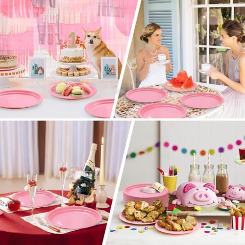 50 Count Pink Plastic Plates Disposiable 10" x 12" Oval Pink Plates for Birthday, Picnic, BBQ, Baby Shower (Pack, alternate