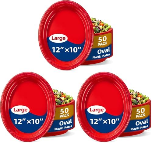 50 Count Red Plates Disposable Heavy Duty 10" x 12" Oval Red Plastic Plates for Birthday Picnic BBQ 4th of July