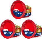 50 Count Red Plates Disposable Heavy Duty 10" x 12" Oval Red Plastic Plates for Birthday Picnic BBQ 4th of July