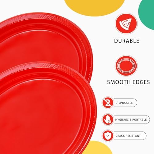 50 Count Red Plates Disposable Heavy Duty 10" x 12" Oval Red Plastic Plates for Birthday Picnic BBQ 4th of July, alternate