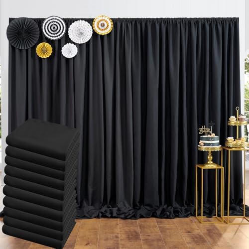 50 ft x 10 ft Thick Black Backdrop Curtain for Parties, 10 Panels Black Polyester Wedding Backdrop Drapes for
