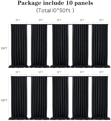 50 ft x 10 ft Thick Black Backdrop Curtain for Parties, 10 Panels Black Polyester Wedding Backdrop Drapes for, alternate view