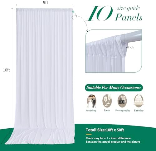 50 ft x 10 ft Wrinkle Free White Backdrop Curtain for Wedding Parties, Polyester Photo Backdrop Drapes for Baby, alternate