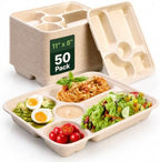 50 Pack 5 Compartment Disposable Paper Plates, 11" x 8" Compostable Bagasse School Lunch Tray, Heavy-Duty
