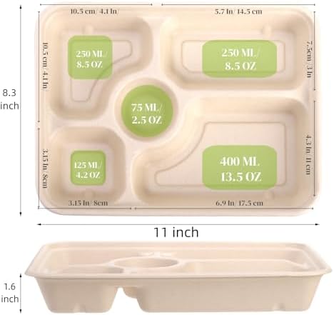 50 Pack 5 Compartment Disposable Paper Plates, 11" x 8" Compostable Bagasse School Lunch Tray, Heavy-Duty, alternate view 2