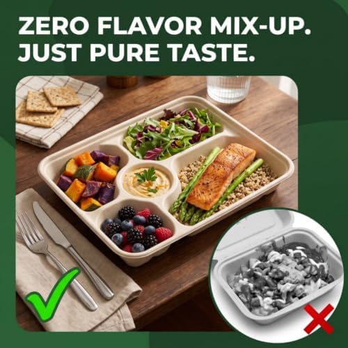 50 Pack 5 Compartment Disposable Paper Plates, 11" x 8" Compostable Bagasse School Lunch Tray, Heavy-Duty, alternate view 4