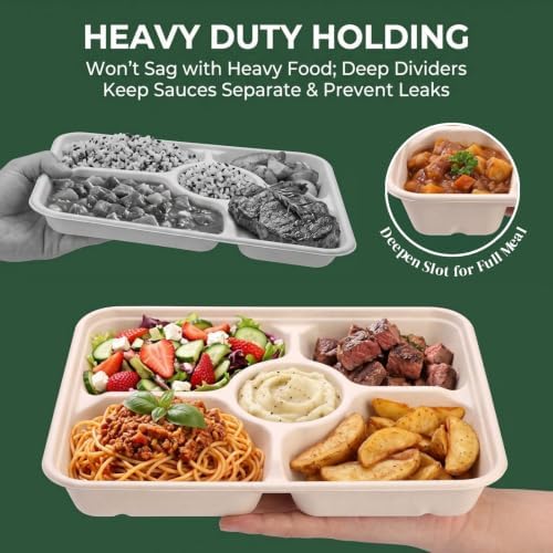 50 Pack 5 Compartment Disposable Paper Plates, 11" x 8" Compostable Bagasse School Lunch Tray, Heavy-Duty, alternate view 5