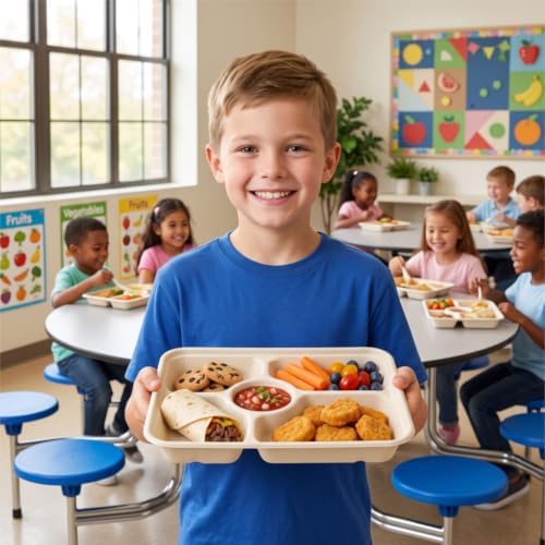 50 Pack 5 Compartment Disposable Paper Plates, 11" x 8" Compostable Bagasse School Lunch Tray, Heavy-Duty, alternate view 6