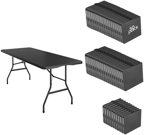 50 Pack 6FT Folding Tables, Heavy Duty, Carry Handle, Black in Black