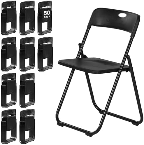 50 Pack Black Plastic Folding Chairs, Lightweight Foldable Chair