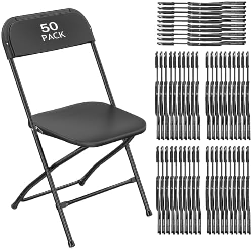 50 Pack Black Plastic Folding Chairs, Steel Frame,350lb