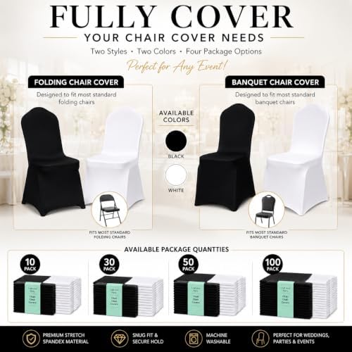 50 Pack Black Spandex Chair Covers - Stretch Polyester Slipcovers for Wedding, Banquet, Party & Dining Chairs, alternate view