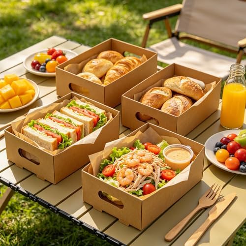 50 Pack Paper Food Trays, 10 Inch Snack Box with Built-in Handles in Brown, alternate view 2