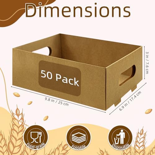 50 Pack Paper Food Trays, 10 Inch Snack Box with Built-in Handles in Brown, alternate view 3