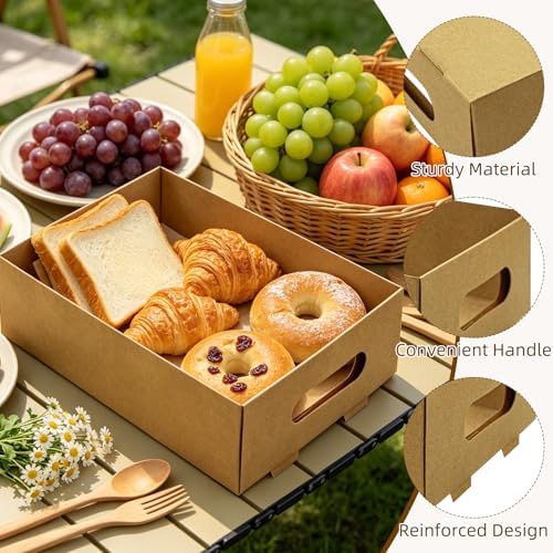 50 Pack Paper Food Trays, 10 Inch Snack Box with Built-in Handles in Brown, alternate view 4