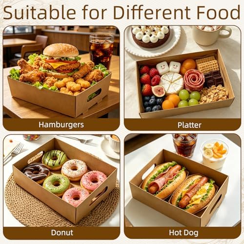 50 Pack Paper Food Trays, 10 Inch Snack Box with Built-in Handles in Brown, alternate view 5