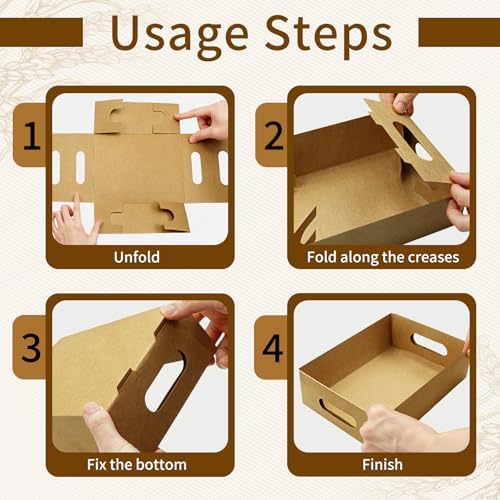 50 Pack Paper Food Trays, 10 Inch Snack Box with Built-in Handles in Brown, alternate view 6