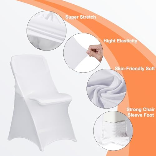 50 Pack White Folding Chair Covers for Party, Spandex Chair Covers for Wedding, Stretch Seat Cover 50 Pieces, alternate view