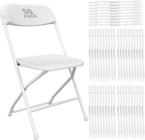 50 Pack White Plastic Folding Chairs, Steel Frame,350lb