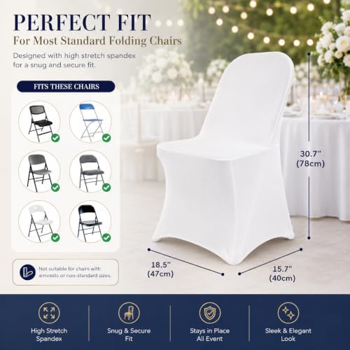50 Pack White Spandex Folding Chair Covers, Stretch Polyester Slipcovers for Wedding, Party & Dining Chairs, alternate view 2