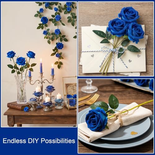 50 PCS Blue Roses Artificial Flowers, Fake Roses with Long Stem Realistic Silk Roses for DIY Wedding Bouquets, alternate view