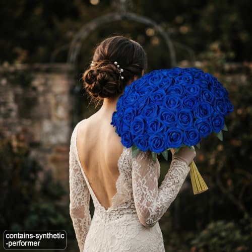 50 PCS Blue Roses Artificial Flowers, Fake Roses with Long Stem Realistic Silk Roses for DIY Wedding Bouquets, alternate view
