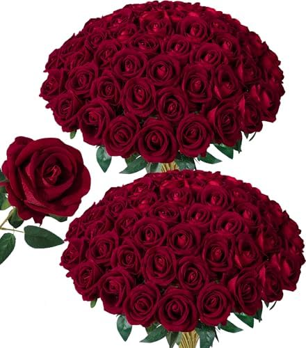 50 PCS Burgundy Roses Artificial Flowers, Fake Roses with Stem Realistic Silk Roses for DIY Wedding Bouquets