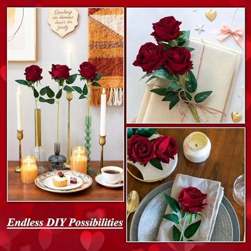 50 PCS Burgundy Roses Artificial Flowers, Fake Roses with Stem Realistic Silk Roses for DIY Wedding Bouquets, alternate view